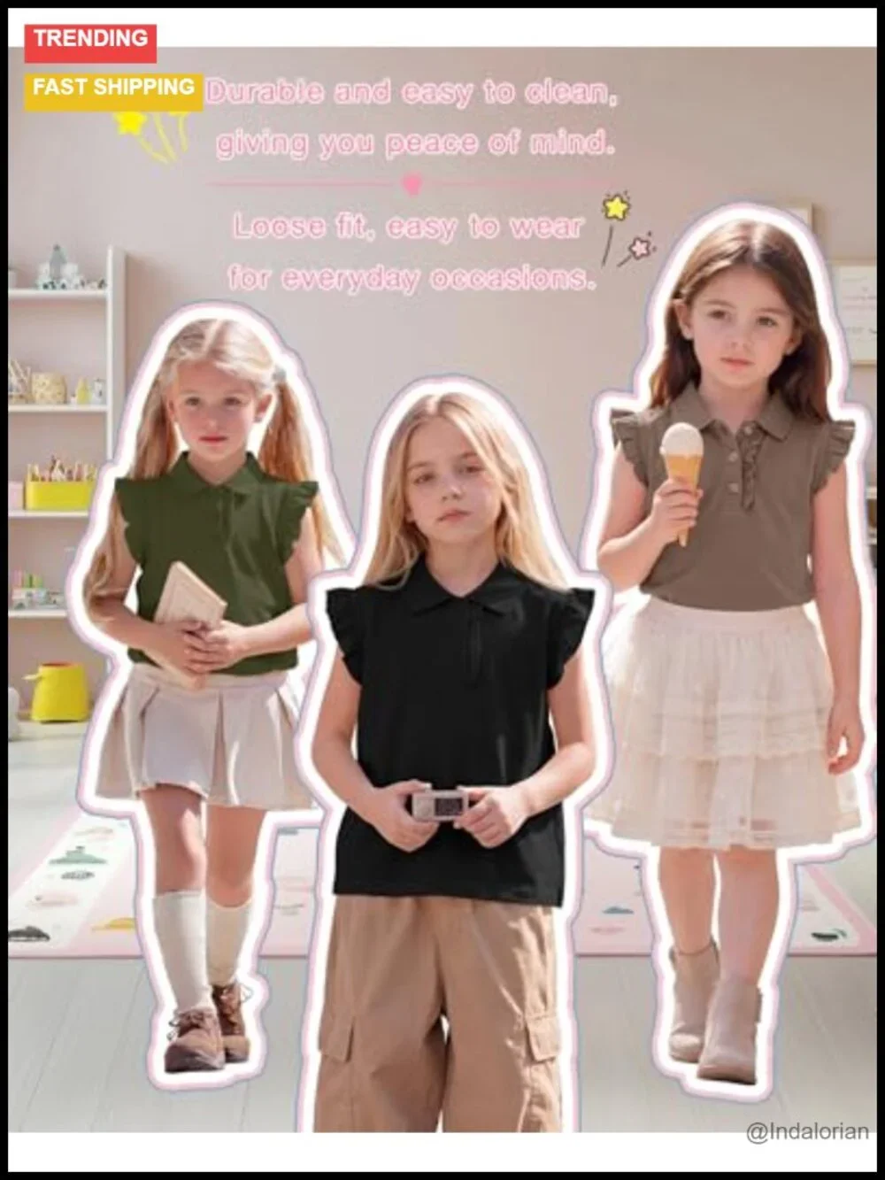 Girls 3pk Ruffle Sleeve Polo Top Short Sleeve Tee School Uniform